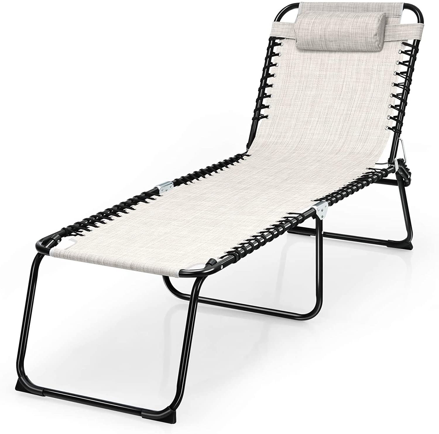 Chaise longue pliante d'extérieur, transat inclinable réglable 4 positions avec oreiller